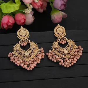 Boho Gold Color Heart Shape Carved Flower Dangle Earrings for Women Indian Jhumka Earrings Retro Pink Beads Tassel Jewelry 2023