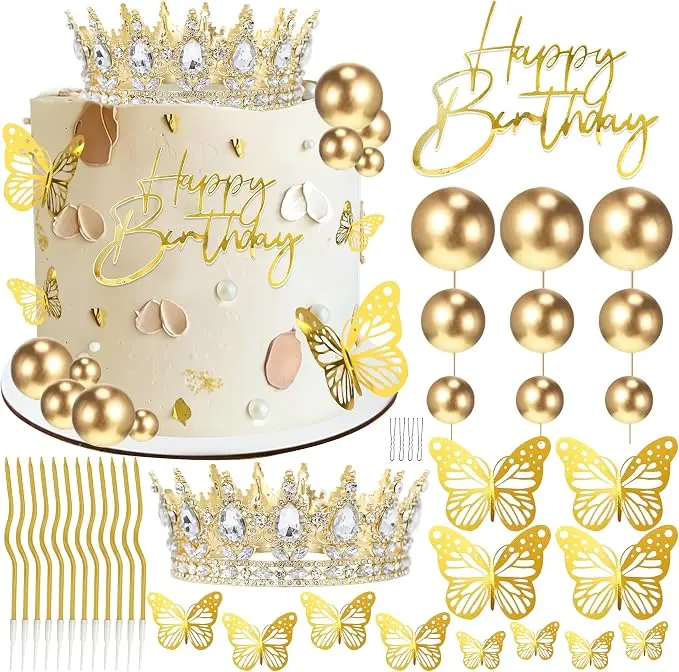 Crown Happy Birthday Cake Topper with Butterfly & Pearl Balls – Gold Glitter Crown Cake Decorations for Women, Princess, Queen – Birthday, Bridal Shower, Graduation & Prom Party Supplies