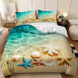 3-piece bedding set - 3PCS beach starfish and seashell design down comforter set (1 duvet cover + 2 pillowcases, filling not included), a gift for family and friends, soft and comfortable, suitable for home bedrooms and guest rooms.