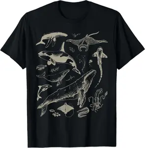 100% Cotton Retro Ocean Wildlife Shark Turtle Octopus Fish Animal Lover T-Shirt