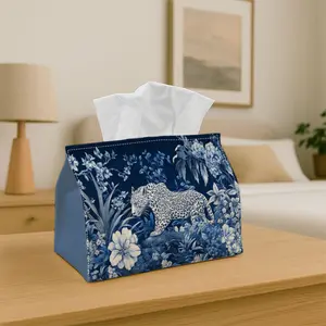1PC Tissue Box Holder Blue background with leopard and floral elements - Multifunctional Napkin Dispenser for Home, Party, Car Decor - Decorative Tissue Paper Organizer, Living Room, Bedside Table - Compatible with Tissues/Roles/Sheets