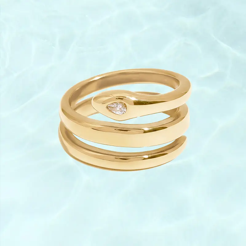 PAVOI Waterproof Open Wrap Ring for Women - 14K Gold Plated Snake Gold Band with Cubic Zirconia - Double Open Wrap Around Rings - Stainless Steel Trendy Summer Jewelry