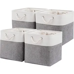 13 x 13 Inch Cube Storage Bins, 4 Pack Large Collapsible Fabric Storage Bin with Ropes, Foldable Storage Cubes for Home, Office,Closet, Clothes, Toys Organizer (White & Grey)