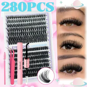 280PCS 60D/80D Eyelash Extension Set - 9-16mm Mixed Length, Soft D-Curl Reusable Synthetic False Lashes, with Dual-Head Glue, Tweezers & Brush - Perfect for Beginner DIY Home Use, Diy Lash Kit