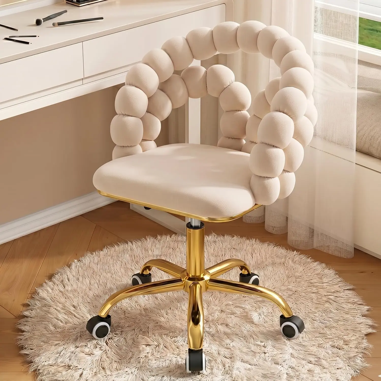 Velvet Swivel Vanity Chair with Wheels, Cute Makeup Desk Chair with Back, Adjustable Height 18.5'' to 22.8'' for Bedroom & Home Office, Ivory