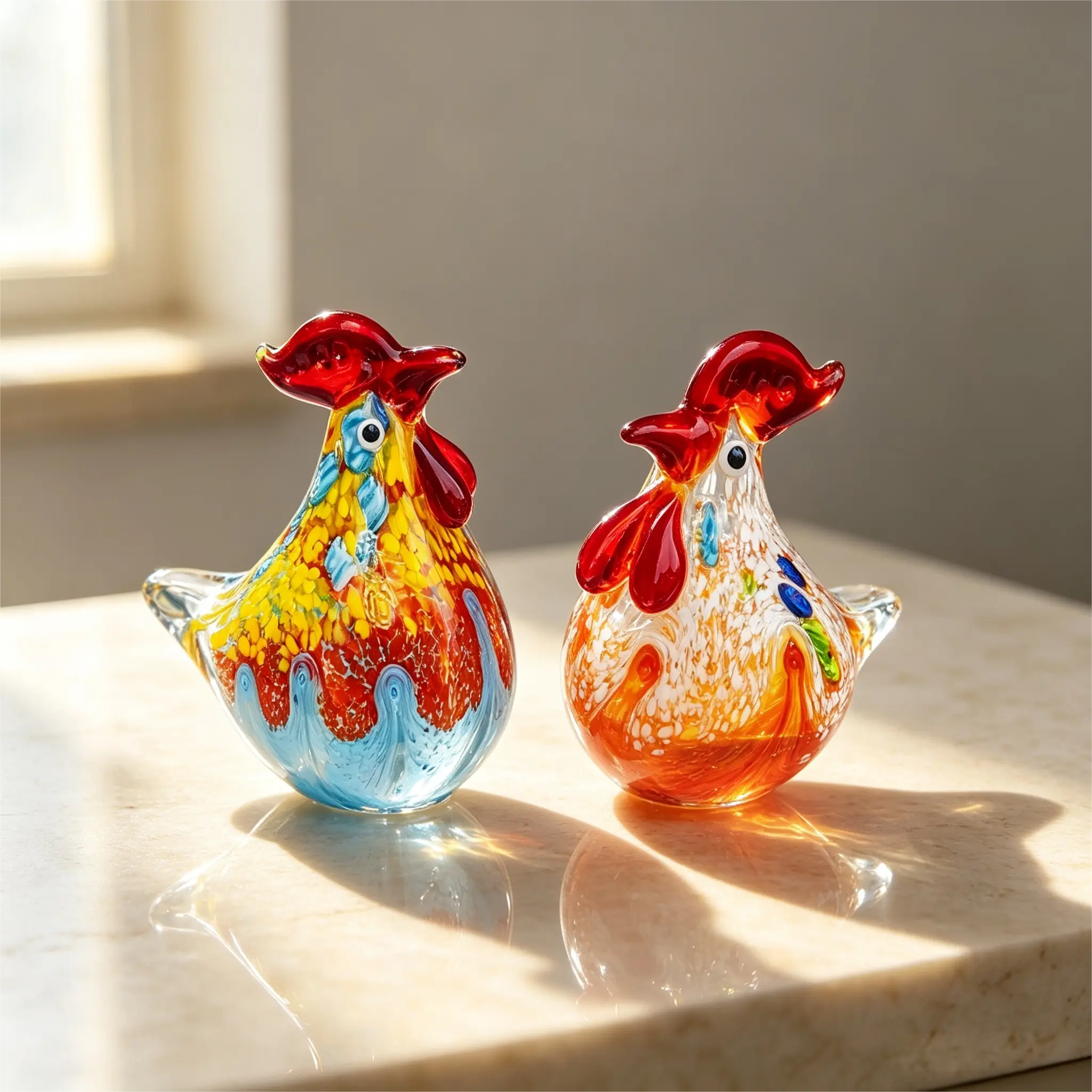 1-Pack Sturdy Murano-Style Hand Blown Glass Rooster Figurine, 4in Colorful Animal Motif Artwork, Artistic Paperweight, Home Tabletop Decor Ornament, Housewarming Gift, Sturdy Glass desktop statue decorative