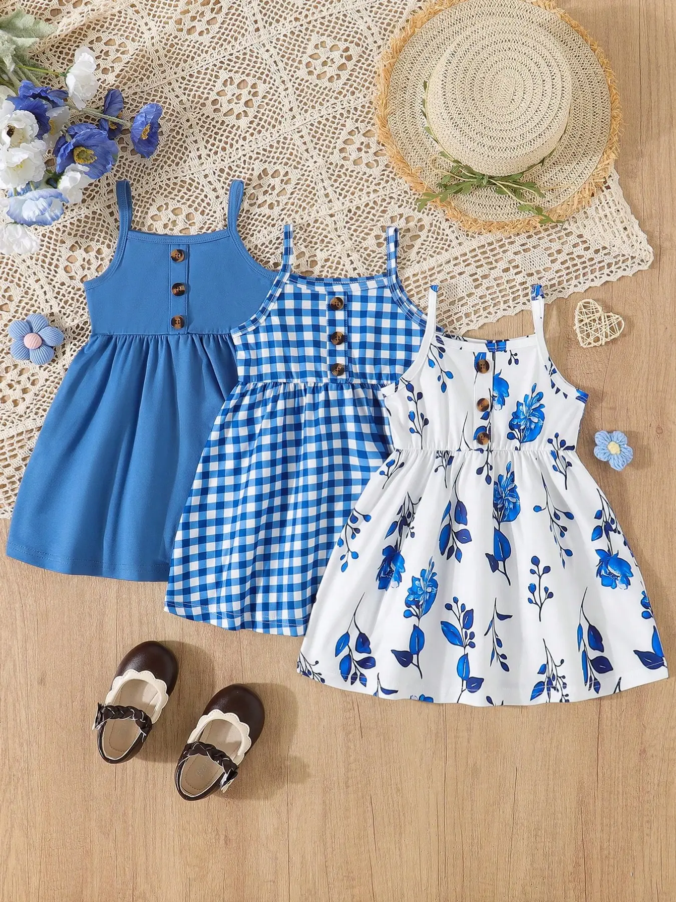 3-Piece Baby Girl Dress Set with Floral Printed Sleeveless Dress, Solid Color Button-Back Dress, and Checkered Patchwork Dress, Baby Girls Clothing for Special Occasions, Toddler Summer Dresses