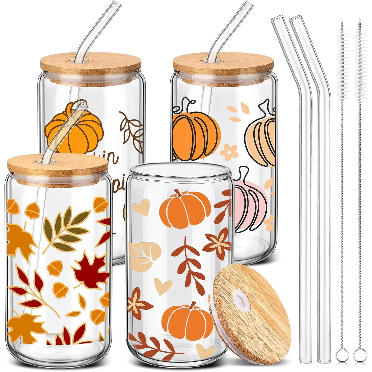4 count Fall Glass Cups with Lid and Straws 16 oz Pumpkin Iced Coffee Tumbler Can Shaped Drinking Party Glasses for  Thanksgiving Women Men Birthday Party Favor Gifts