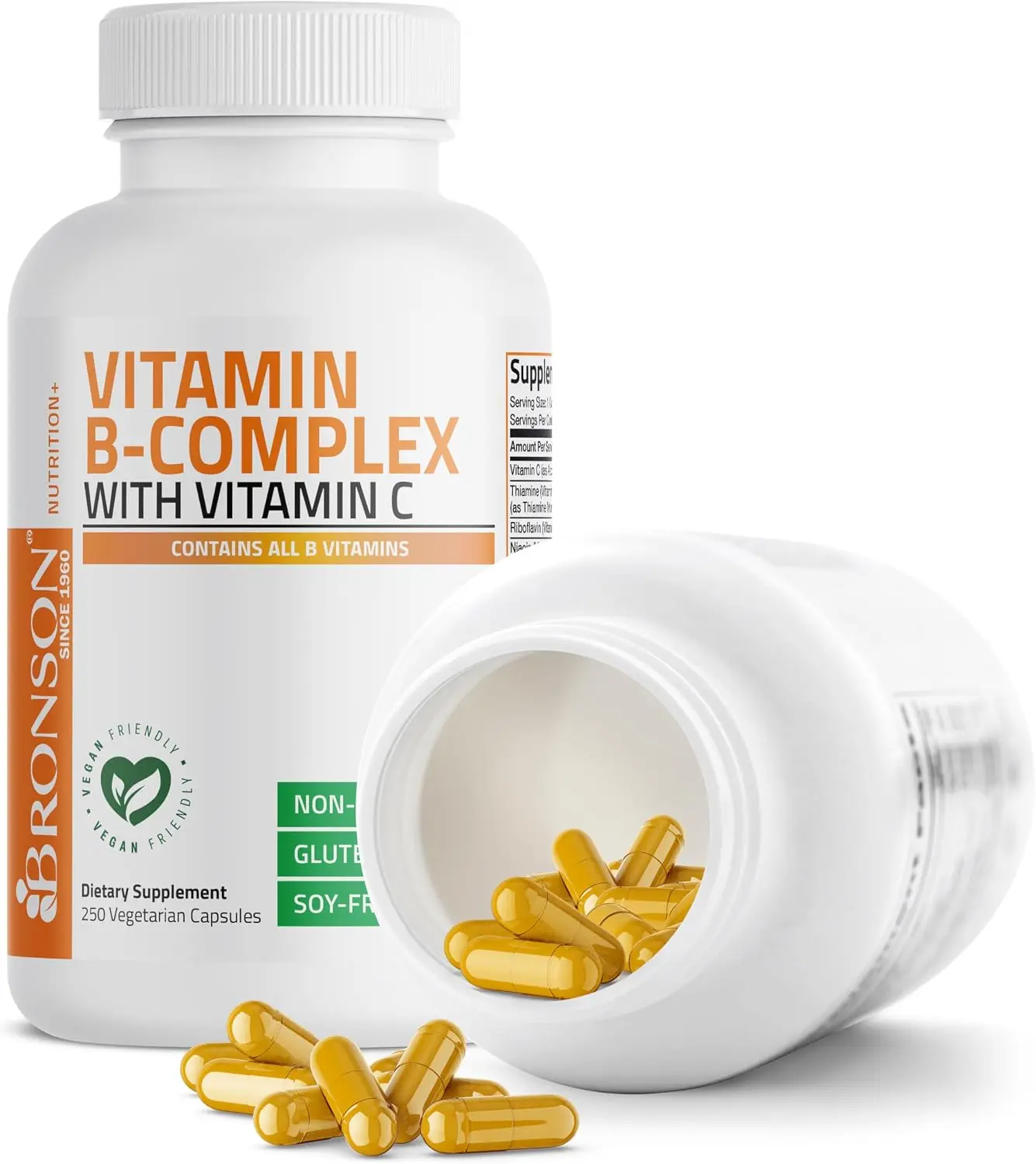 Bronson Vitamin B Complex with Vitamin C Vegetarian Capsules, 250 Count | Immune Health, Energy Support, Nervous System Support, Non-GMO, Soy-Free, Gluten-Free, Contains All B Vitamins