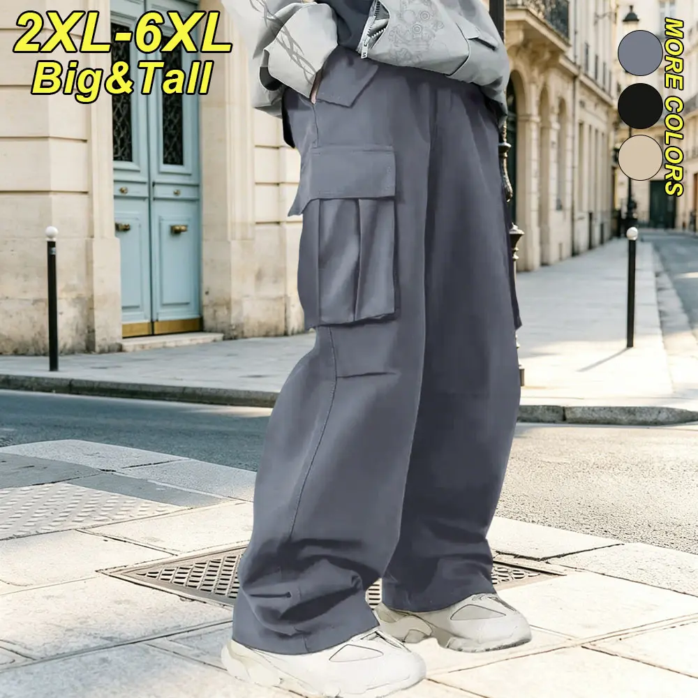 2XL–6XL Men’s Plus Size Loose Casual Wide-Leg Cargo Pants, Straight-Leg Design with Multiple Pockets, Comfortable Breathable Drawstring Elastic Waist, Solid Color Versatile Slimming Height-Enhancing Floor-Length Pants, Suitable for Daily Wear and Casual O