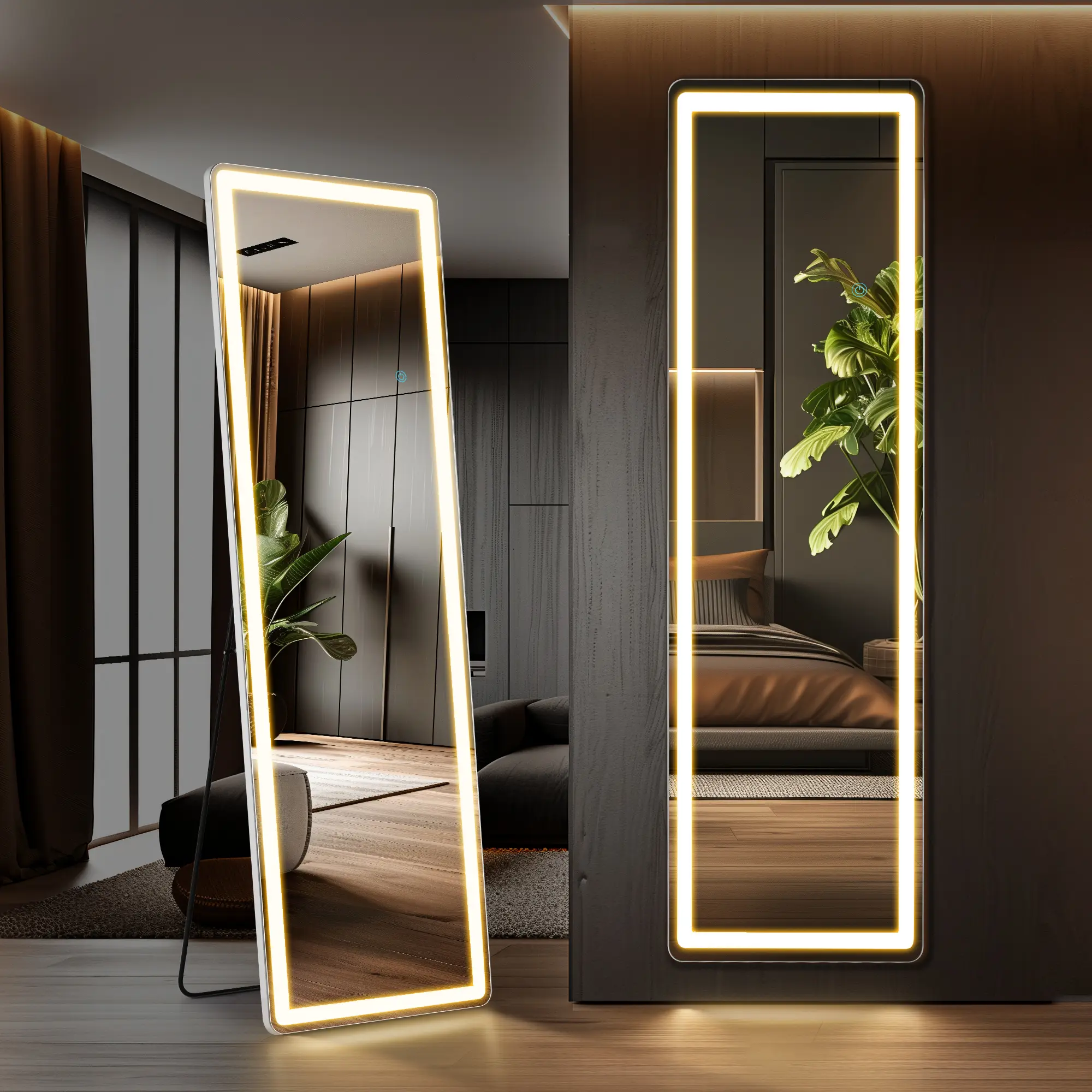 LED Floor Standing Mirror with Stand - 3 Color Lighting (White/Warm/Natural), Lighted Vanity Mirror Wall Mounted or Freestanding, Touch Control, Dimmable