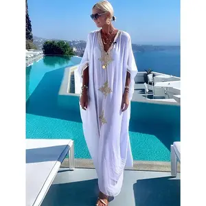 Graphic Embroidered V Neck Loose Kaftan Dress - Elegant Batwing Sleeve Maxi Coverup Dress - Women's Clothing - Flowy & Comfortable Fabric - Perfect