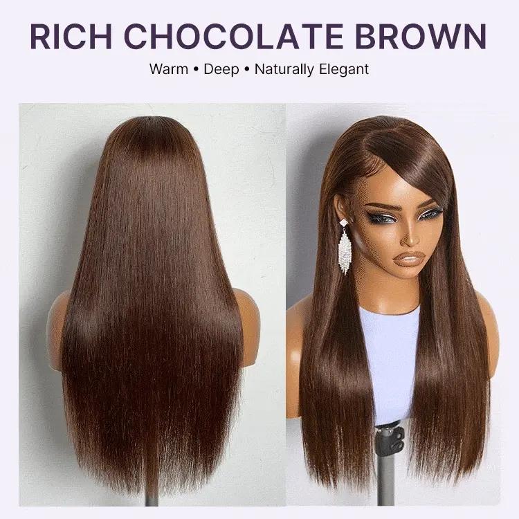 Rich Chocolate Brown Silky Straight 180% Density Glueless 13x4 Lace Frontal Wig Pre-Cut Lace