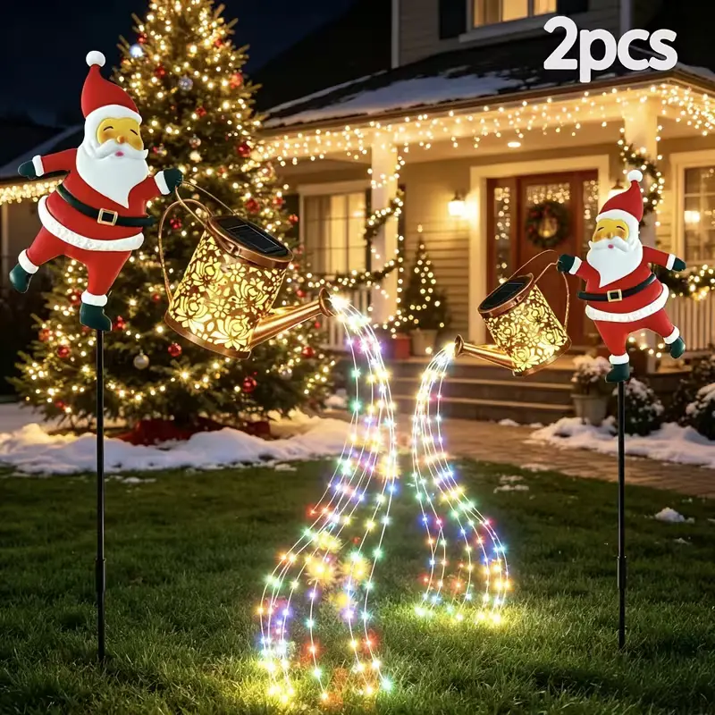 RUIDEL MICHAELS 2-Pack Solar-Powered Cartoon Santa Watering Can Ground Stake, IP55 Waterproof Outdoor Patio Deck Decor, Intricately Carved, Warm/Multicolor Waterfall String Lights