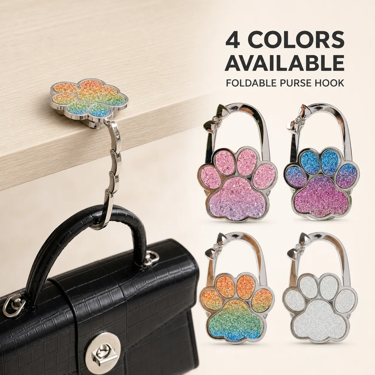 Portable Foldable Purse Hook for Desk, Glitter Paw Print Bag Hanger for Table, Anti-Slip Handbag Holder for Restaurants and Office, Supports Up to 12 lbs