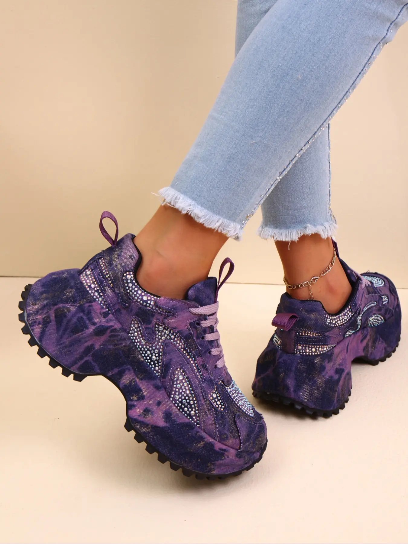 Women's Rhinestone Dad Sneakers, Thick Sole Height Increasing Casual Shoes, Trendy Street Style, Fashionable Sneakers, Boho Style Sneakers, Unique Design, All Seasons Wear