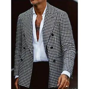Houndstooth Double Breasted Blazer, Men's Casual Vintage Style Flap Pocket Lapel Sports Coat For Business Banquet Party Dinner