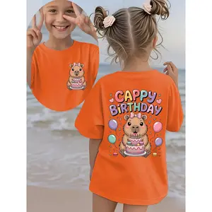 Birthday Style Summer Fashion Girls' Short-Sleeved T-Shirt CAPPY BIRTHDAY Capybara with Bow Tie, Colorful Balloons, Birthday Cake Element Cartoon Pattern Double-Sided Print Casual Versatile Top