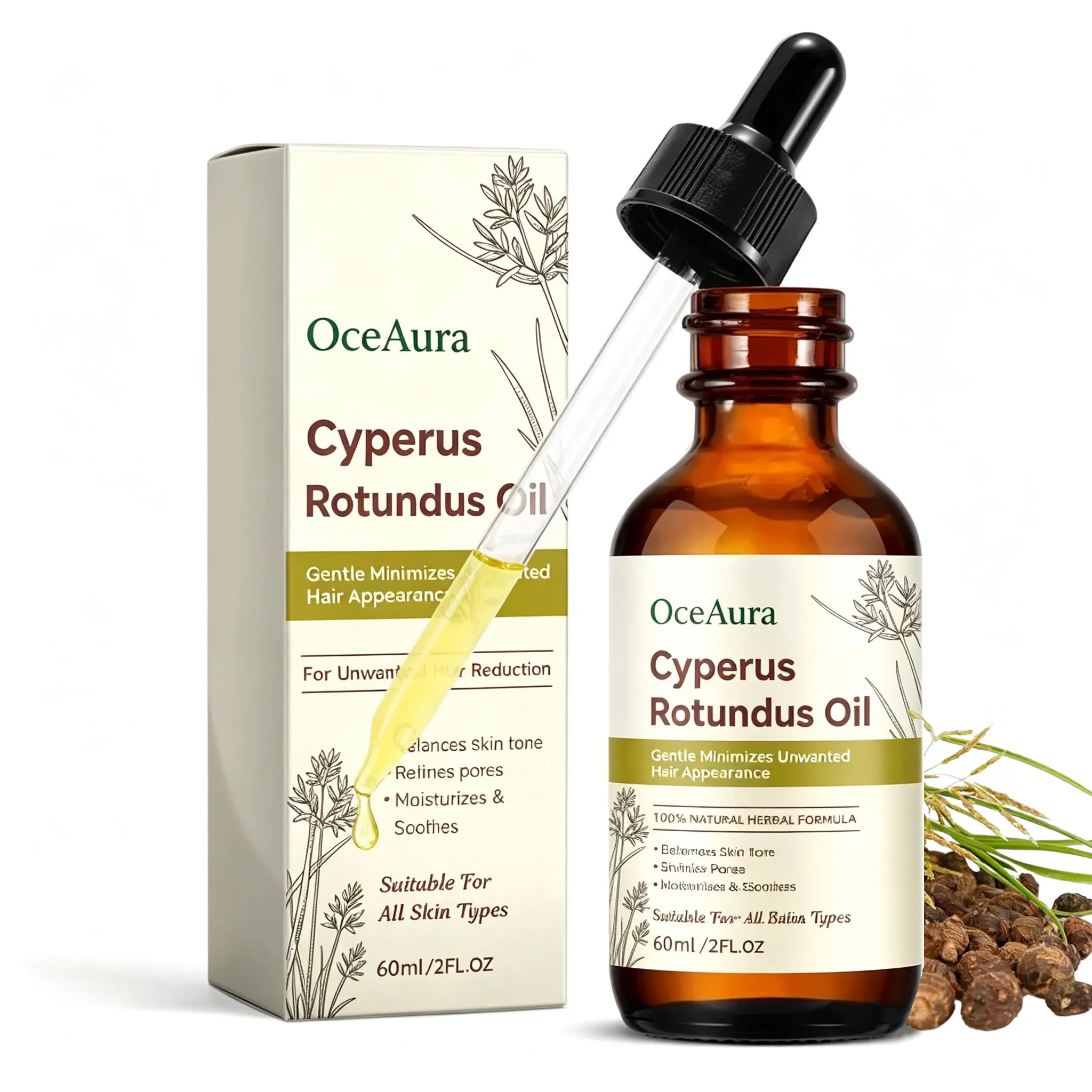 Cyprus Rotundus Oil for Hair Removal - Reducing Body Hair Growth |  Pure Cyperus Rotundus Essential Oil for Smooth Skin & Hair Removal, 60ml, Suitable for All Skin Types