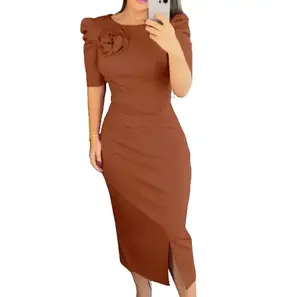 Women's Round Neck Puff Sleeve 3D Flower Decor Bodycon Dress Casual Ruched Slit Midi in Rich Brown going out dress Long Zippered Sweatshirt Sequined Tassel Party Colorblock V-Neck Knit acquired style thanksgiving Adjustable pretty jessaka edress vacation