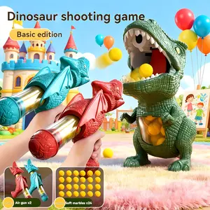 Dinosaur Shooting Game Toy Set for Kids - 1 T-Rex Air Launchers + 24 Soft Foam Balls, Interactive Competitive Dino Toy Gift for Boys Girls