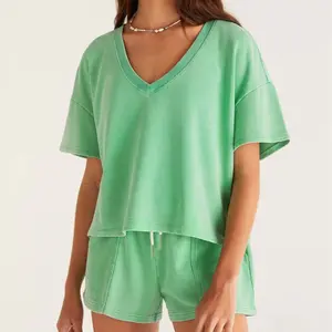 Women's Mint Green V Neck Drop Shoulder Tee and Patchwork Drawstring Shorts Set