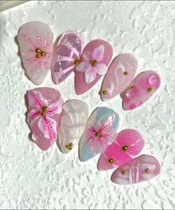 3D Pink Flower Press On Nails Beach Seashell Nails Art For Holiday Weđing Day Party Gif