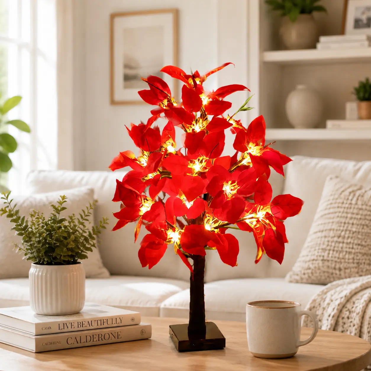 Lighted Poinsettia Tree, Artificial Red Flower Tree with Warm LED Lights, Tabletop Christmas Tree Decor, Cozy Home Decorations for Fireplace Mantel, Living Room, Bedroom & Entryway