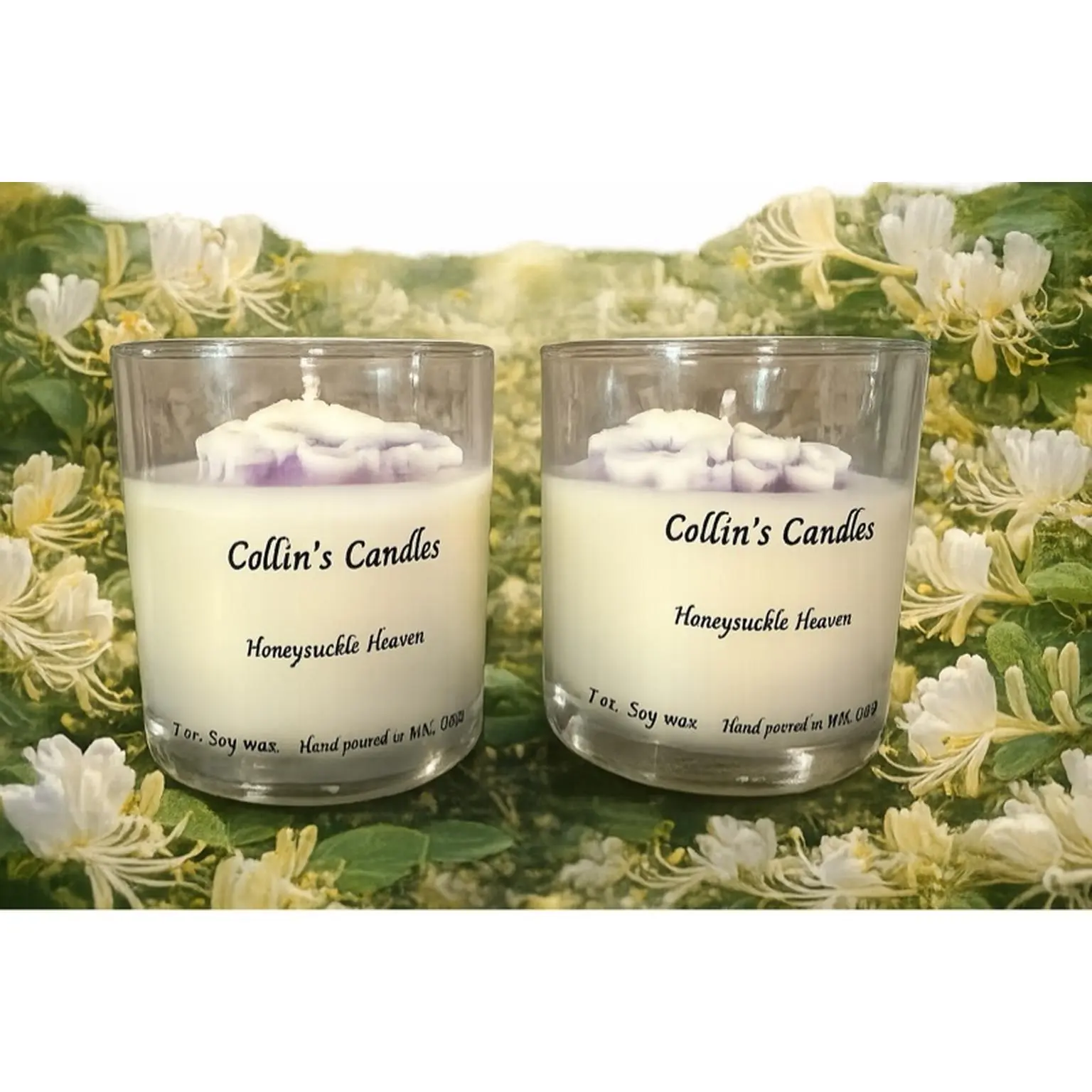 Collin's Candles Honeysuckle Heaven 7 oz. Soy Wax Candle Highly Scented Summertime Fragrance Non Toxic Beautiful Flowers