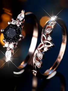 2pcs/set luxury synthetic crystal hexagon stone engagement ring sets for women pink gold white zirconia flower wedding jewelry