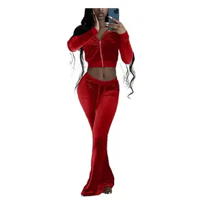 two-piece set woman 2025 Long Sleeve Crop Top Jacket Jogger Sweatsuit Velour Tracksuit Velvet Two Piece Fashion Flare Pants Set Fall Women Clothing