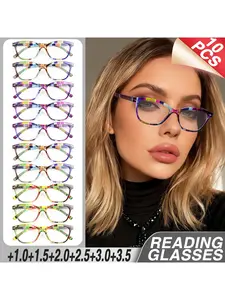 10pcs Retro Cat Eye Reading Glasses, Colorful Striped Frame with Rivets, High-Quality Spring Hinges, Unisex Eyewear