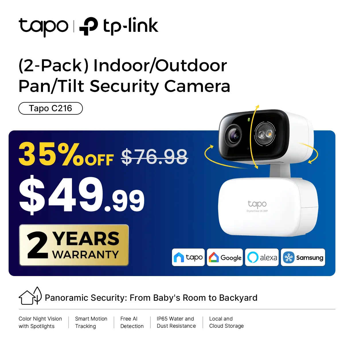 TP-Link & Tapo C216(2-pack) 2K Pan/Tilt Indoor/Outdoor Security Camera  with AI Detection, Baby Cry Detect, Motion Tracking, Color Night Vision, 360° Pan/Tilt, No Subscription, Alexa & Google Compatible  #SummerWins #DealsForYouDays