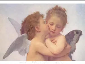 Cupid and Psyche (L'Amour et Psyche Enfants) - First Kiss - From an Original Color Painting by William Adolphe Bouguereau c.1890 - Master Art Print (Unframed)