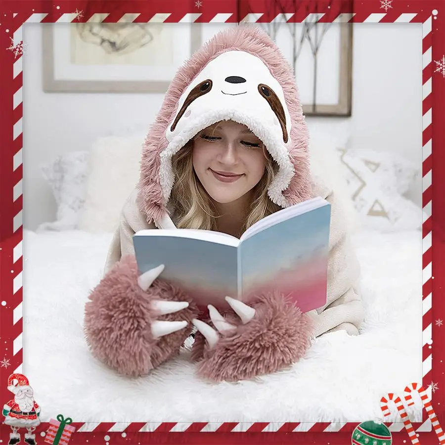 Cartoon Sloth Design Flannel Blanket, 1 Count Home Soft Comfortable Hooded Blanket With Gloves, Warm Quilt For Home Women Girls, Holiday Birthday Gift