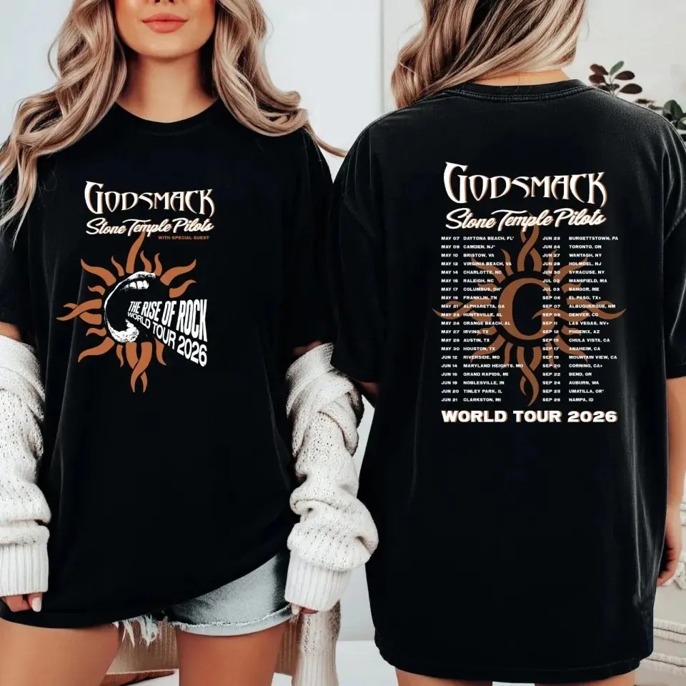Godsmack Stone Temple Pilots World Tour 2026 Unisex T-Shirt, Black Vintage Sun Graphic Tour Dates Shirt, Perfect Rock Gift for Fans