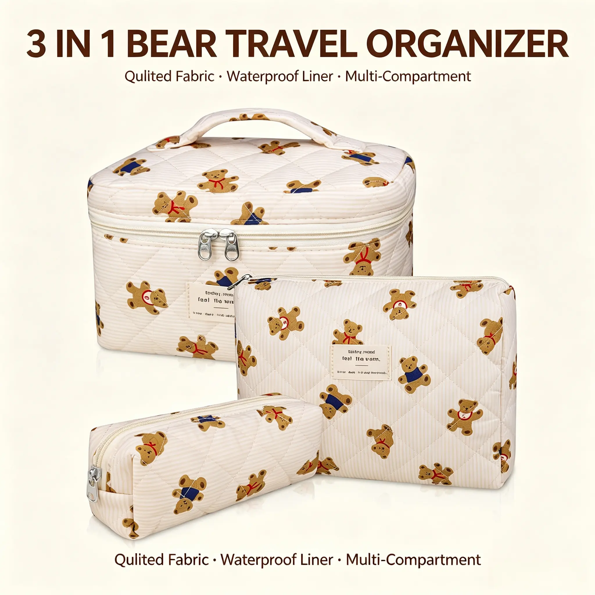 Quilted Cosmetic Bag Set for Women, 3-Pack Floral Padded Cotton Makeup Organizer Kit, High-Capacity Portable Vanity for Travel & Purse, Cosmetic Bag For Purse, Makeup Organization, Beauty On The Go, Compartments Make-Up Bags