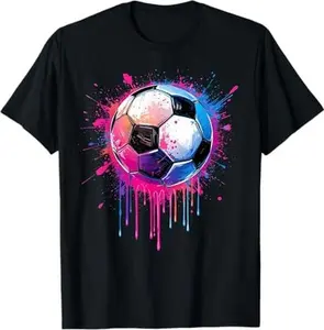 Vibrant Magenta Cyan Melting Soccer Ball Short Sleeve T-shirt, Unisex Soft Cotton Short Sleeve Tees For Football Lovers Daily Outfit,Color Gradient Paint Drip Soccer Design Short Sleeve, Unisex Breathable Basic Short Sleeve Tshirts Summer Casual Tops