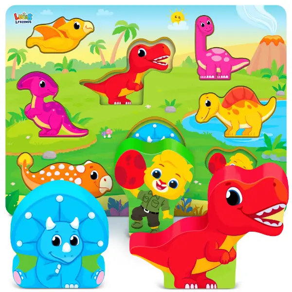 Lucas & Friends Wooden Dinosaur Jigsaw Puzzle for Toddlers Ages 2-4, 8 Jumbo Pieces Montessori Toys, Gifts for Kids with Shape Recognition, Fine Motor Skills, Hand-Eye Coordination Development
