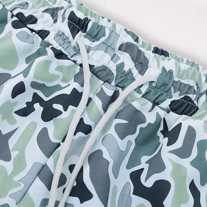 Men'S Lightweight Camouflage Beach Shorts - Loose Fit Elastic Drawstring Waist Green Graphic Print Machine Washable Casual Sports Outdoor Activities Beach Clothes