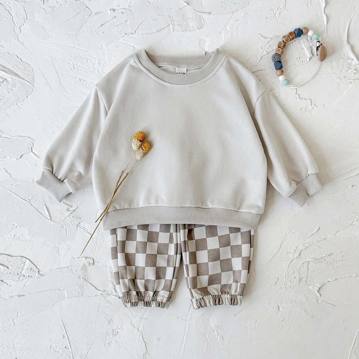 Infants' Cozy 2-Piece Baby Clothing Set - Spring/Autumn Apricot Round Neck Loose Sweatshirt + Plaid Sports Pants Casual Toddler Outfit Gift Set, Two Piece Set