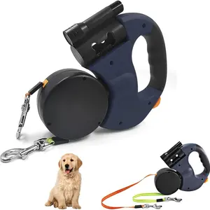 Double Dog Retractable Leash, 360° Rotating Anti-Tangle, Reflective Nylon, 3m/9.8ft, One-Button Lock, Ergonomic Handle, Poop Bag Holder