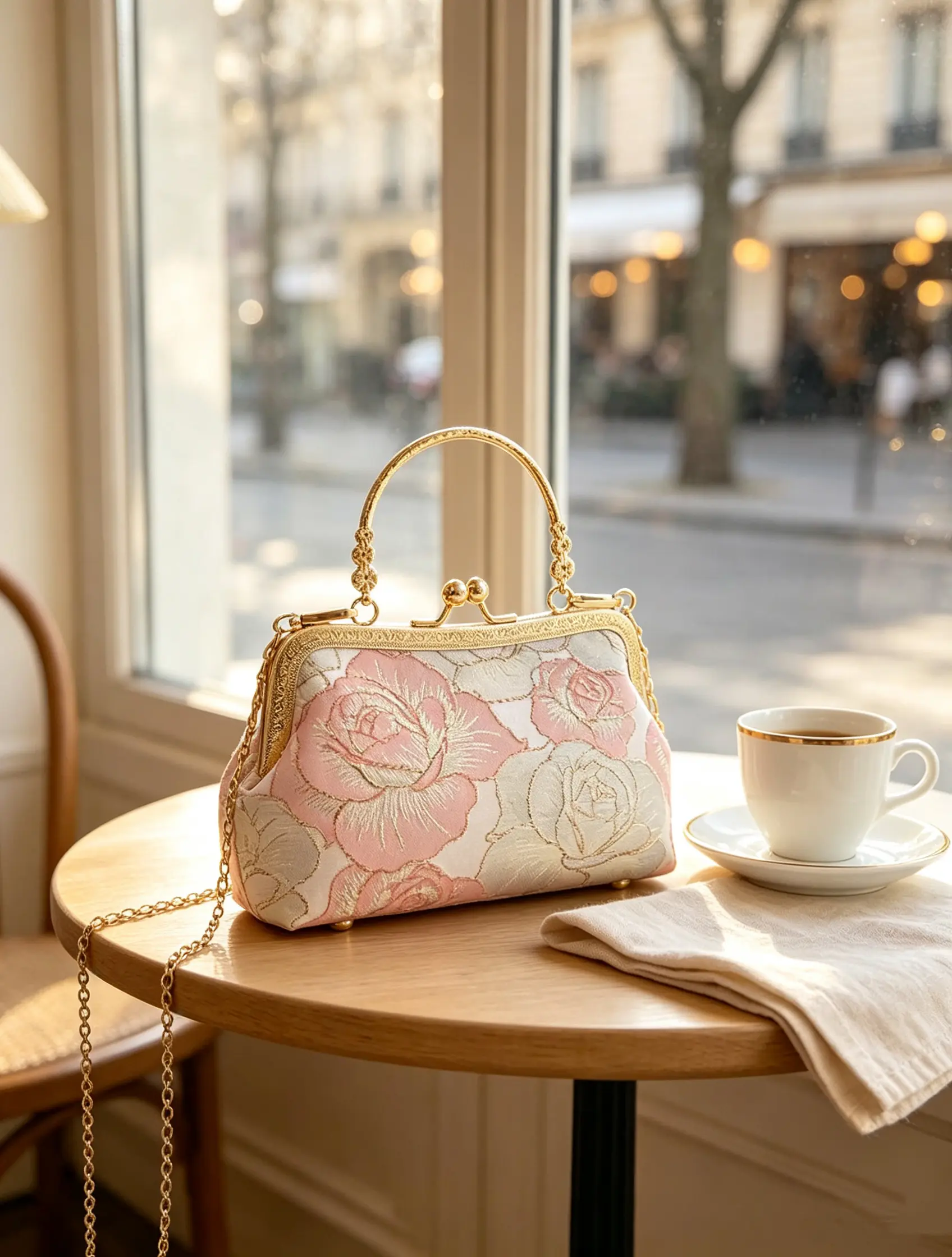Vintage Floral Rose Embroidery Kiss Lock Handbag for Women, Chinese Style Elegant Pink Flower Jacquard Frame Shoulder Clutch Purse, Retro Gold Metal Top Handle Bag with Detachable Chain Strap, Romantic Evening Wedding Party Crossbody Shoulder Bag