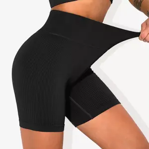 Anna-Kaci Active Women's High-Waisted Seamless Biker Shorts Ribbed Compression Yoga Workout Shorts for Fitness and Running- Medium, Black