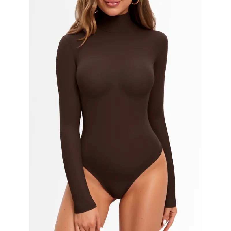 Elegant Women's Mock Turtleneck Long Sleeve Bodysuit Jumpsuit in Solid Color, Rayon and Spandex Blend, Knit Fabric - Machine Washable for Fall/Winter Minimalist Short Basic Comfort Womenswear