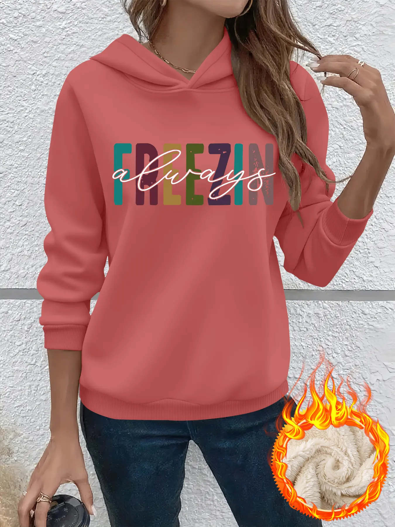 Women's Winter Warm Hooded Sweatshirt, Thick Lamb Velvet Pullover, Casual Style with Freezing Always Letter Print, Fitted Design