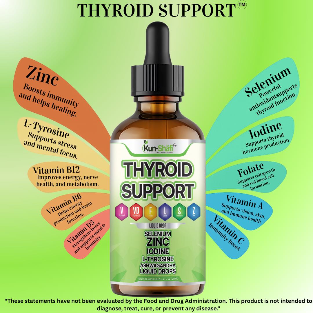 Thyroid Support Liquid Drops with Iodine, Selenium, Zinc & L-Tyrosine | Vitamin A, D3 & Folate | Daily Wellness Formula (4 Fl Oz)