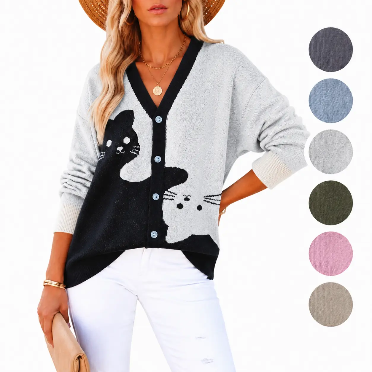 Women's Chic Knit Cardigan, Preppy Colorblock V-Neck Button Down Polyester Sweater for Casual Autumn Outerwear, Knitwear, Do Not Dry Clean, Gifts For Your Girlfriend, Athletic, Fitted, Wedding