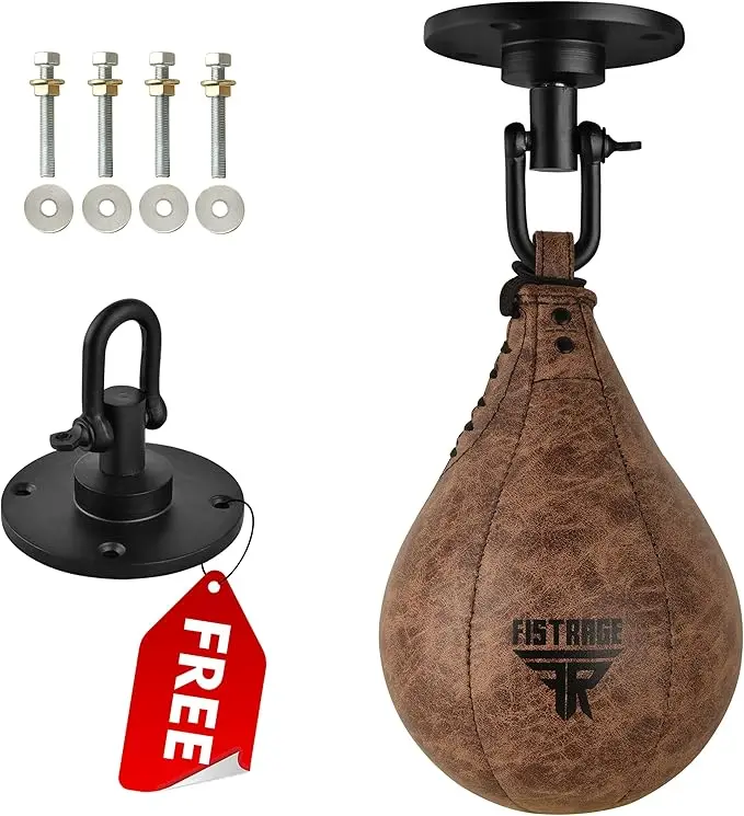 FISTRAGE Speed Bag Boxing Ball, Leather MMA Muay Thai Training Punching Ball with Hanging Swivel, Speedball Workout Equipment for Reflex, Agility, Coordination, Striking, Dodge & Kick Training vintage black