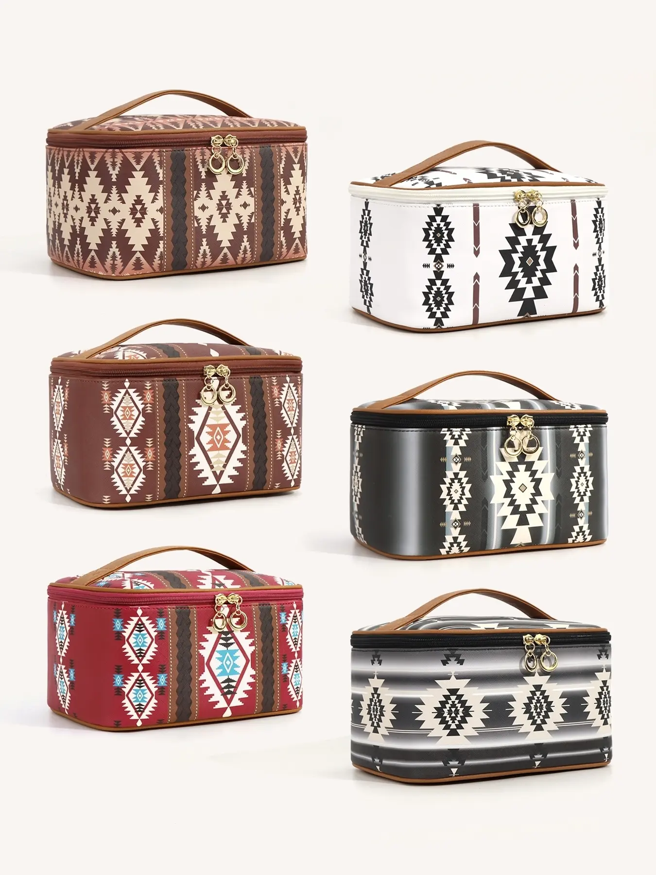 Boho Style Ethnic Pattern Makeup Bag, Large Capacity Cosmetic Bag, Portable Cosmetic Travel Bag with Zipper and Carry Handle, Western Makeup Bags for Women, Makeup Storage Bag, Makeup Organizer Pouch, Travel Beauty Bag